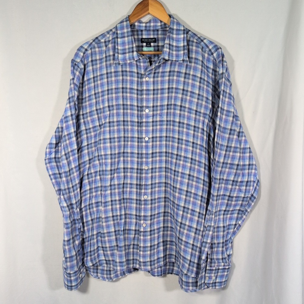 Peter Millar XL Crafted Flex Finish Shirt Mens Large Long Sleeve Plaid Linen